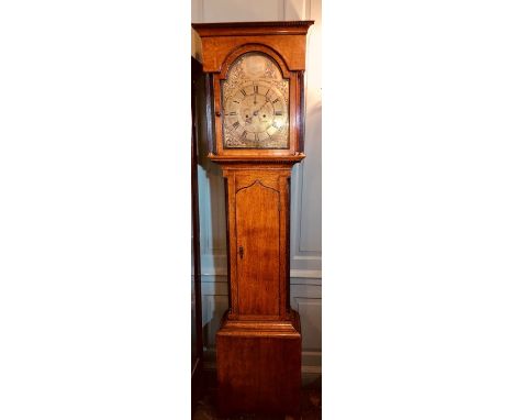 A George III oak longcase clock by William Fenton, Newcastle, circa 1775, moulded dental pediment, 32cm brass arched face ins