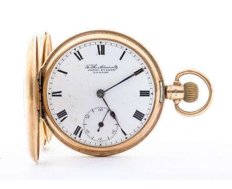 A 9ct gold hallmarked half hunter pocket watch Birmingham 1926, the white enamel dial inscribed "To the Admiralty, James Walk