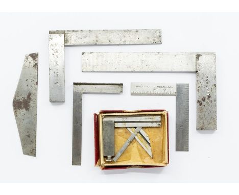 Clockmaker's tools Various Starratt USA try squares and a Starratt try square in box.