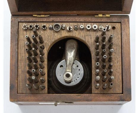Clockmaker's Staking tool bushing and burnishing tools and implements. Inscribed K &D Special on the base. Contained in assoc