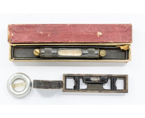 Clockmaker's tools Starrett 8” level No198 in original box, Starrett small level Edward Preston and son round level in origin