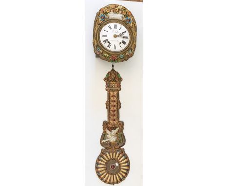 French Wall clock with enamel dial with name H Pallot a’ Montceau-les-mines Painted brass surround of flowers. Two train move