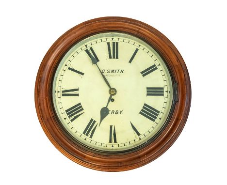Good fusee wall clock by G Smith, Litchurch, of Derby. 16” dial in mahogany case. Movement stamped on back plate 1887. Pendul