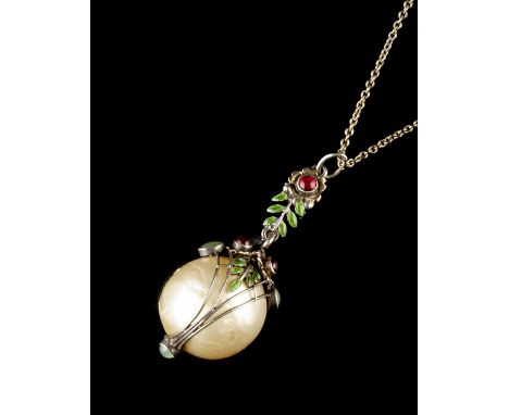 Arts and Crafts Pendant simulated pearl drop enclosed by wirework frame decorated with flowerheads and green enamel foliage h