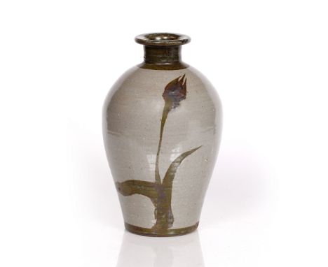 Robert Fishman at Leach Pottery Vase painted grass design impressed potter's and pottery seals 29.5cm high.