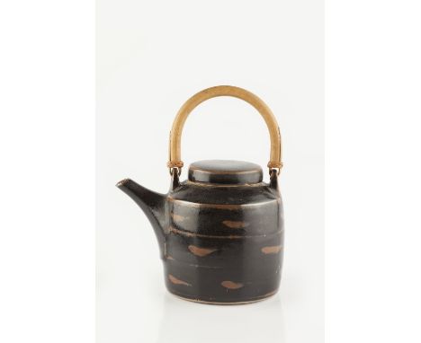 Lowerdown Pottery Teapot tenmoku brushwork, cane handle impressed pottery seal 19cm across.