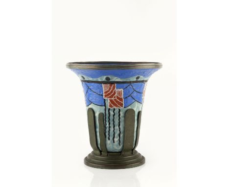 Andre Villien (1880-1956) Vase enamel, with verdigris metal stand the vase signed 25cm high overall.