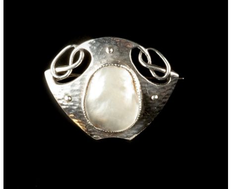 Murrle Bennett & Co. Panel brooch shield-shaped hammered and pierced form  with central blister pearl and bead highlights sig