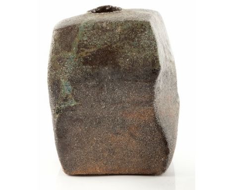 Ruth Duckworth (1919-2009) Sculptural vessel turquoise and black glazes uneven rim 15.5cm high.