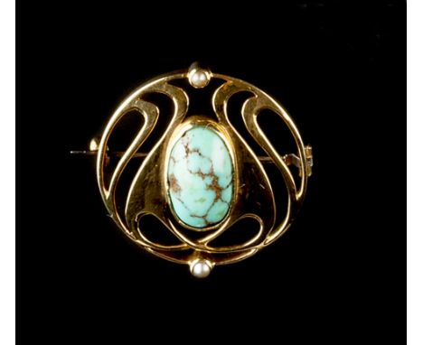 Murrle Bennett & Co. Panel brooch sinuous openwork form centred with an oval cabochon turquoise between half pearls signed an