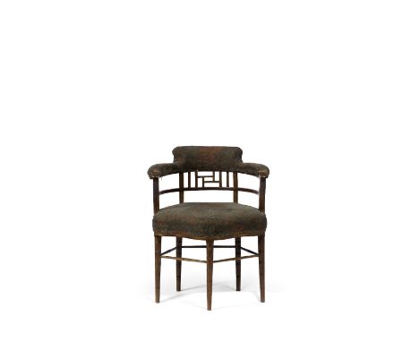 Attributed to Edward William Godwin (1833-1886) Armchair, manufactured by Gillow & Co., circa 1875 mahogany, with red and gre