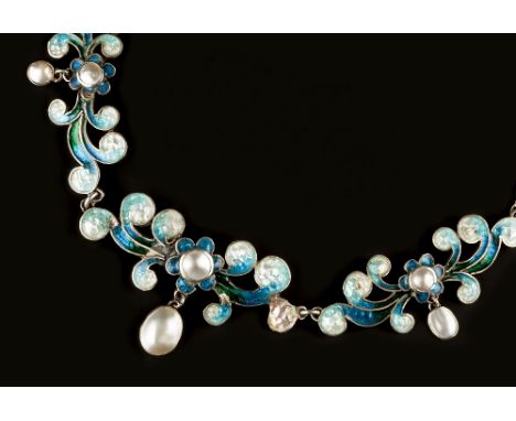 Arts and Crafts Pendant necklace scrolled panels heightened with graduated blue, green and white enamel centred with blister 