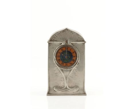 Attributed to Archibald Knox or David Veasey for Liberty &amp; Co. Arts &amp; Crafts mantle clock pewter, with enamel dial st