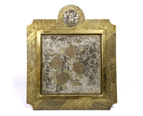 Meriden B. Company of America Aesthetic Movement easel back dressing mirror with floral panels, and circular pierced roundel 