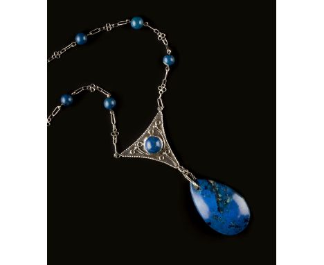Arts & Crafts Pendant necklace pear-shaped blue hardstone drop  below triangular panel with central cabochon applied with scr