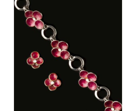 Bernard Instone (British, 1891-1987) Bracelet and ear clips suite with pink and white enamel four-petalled flowerheads the br