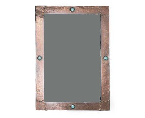 Attributed to Liberty & Co. Arts and Crafts wall mirror hammered copper, inset turquoise Ruskin Pottery roundels 98.5cm x 68c