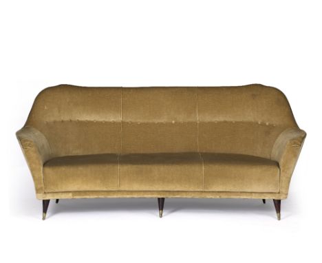 Manner of Ico Parisi (1916-1996) Italian sofa button back upholstery pointed wooden legs, with brass feet 212cm across.