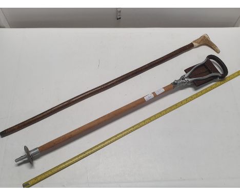 A vintage shooting stick and a horn handled walking stick (handle also a whistle), shipping unavailable 