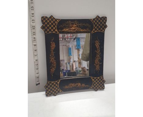 A antique wooden framed Chinese themed mirror, 35x27cm, shipping unavailable 