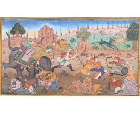 Two bodycolours, Persian hunting scenes, largest 5 1/4" x 9 1/4", in gilt frames