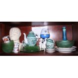 Two Meissen plates, decorated flowers, an assortment of green glass plates and bowls, a Chinese part