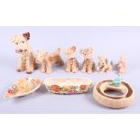 A Sylvac dish, decorated shells, another similar, five Sylvac dogs and other decorative china