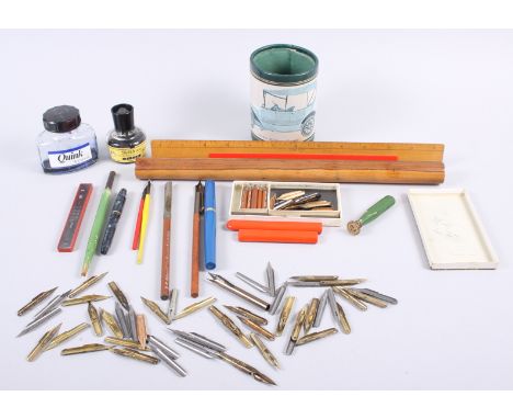 A Conway Stewart 'Dinkie' blue marbled fountain pen, two bottles of ink and other writing equipment