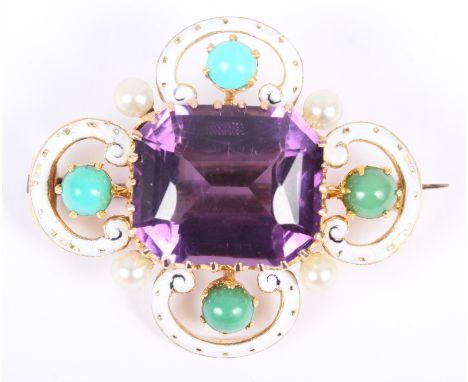 A Renaissance revival enamel brooch set central amethyst, seed pearls and turquoise cabochon, in yellow metal mount