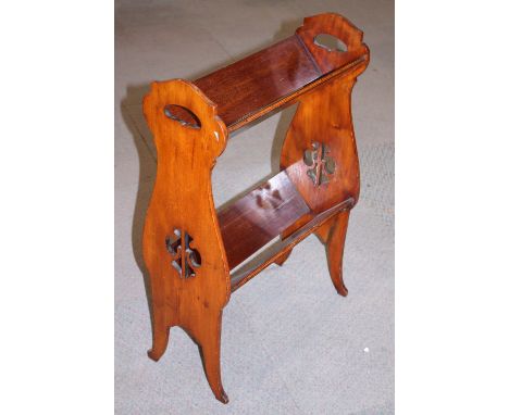 A late Victorian mahogany Tunbridge banded two-tier book tray, on pierced panel end supports, 18" wide