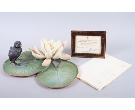 A Royal Worcester Dorothy Doughty model, "Moorhen Chick and Water Lily" No 94, with certificate and associated paperwork, 4" 
