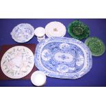 A 19th century blue and white meat dish, a Copeland pedestal tureen, various other blue and white