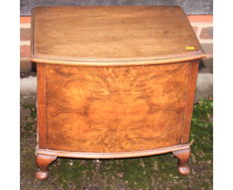 A walnut workbox containing sewing equipment and a quantity of threads, 20" wide, and a stick stand, 21" high