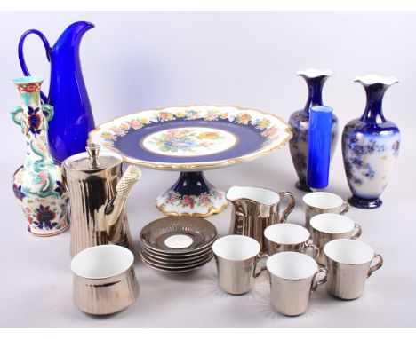 A Royal Worcester porcelain silvered coffee set, a pair of vases, a cake stand, blue glass vases and an Oriental vase