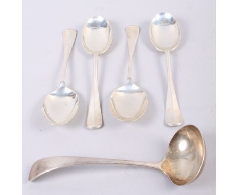 Four silver rat-tail tablespoons and a silver sauce ladle, 8.4oz troy approx