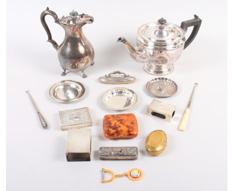 Two silver matchbox holders, a silver nail buffer, a silver box, two button hooks, a silver tray, a silver plated teapot and 