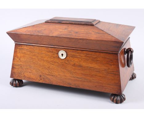 A rosewood sarcophagus tea caddy with mother-of-pearl escutcheon and ring handles, 13 1/4" wide