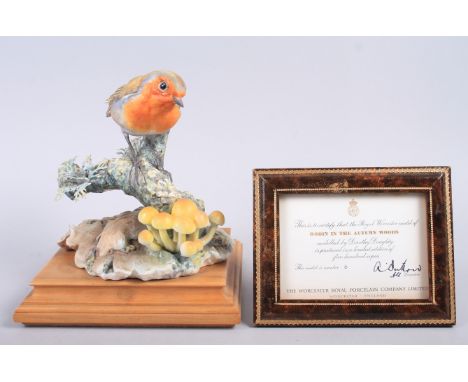 A Royal Worcester Dorothy Doughty model, "Robin in the Autumn Woods" No 6, with certificate, 7" high including stand (damages
