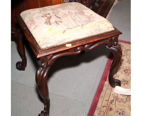 A pair of grained as rosewood stools with tapestry drop-in seats, on cabriole scrolled supports, 17" square