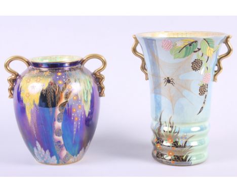 A Carlton ware two-handled vase, decorated spider's web and blackberries, 7" high, and a Carlton ware Bleu Royale two-handled