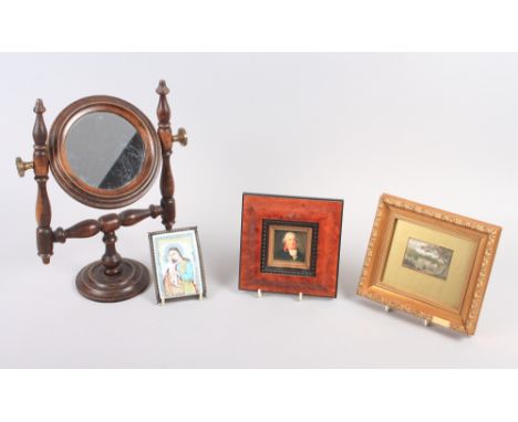 A miniature portrait print of a gentleman, in walnut effect frame, a miniature of a house, a shaving mirror and other items