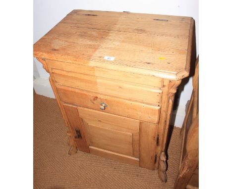 A pine blanket box, on bracket feet, 42" wide, a pine cupboard with lidded top and one drawer over cupboard, on shaped suppor