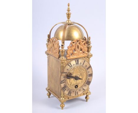 A Mercer brass lantern clock with Roman numerals, 11" high