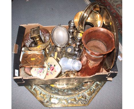 An Indian embossed brass octagonal tray, a copper vase, 11 3/4" high, an H Samuel carriage clock, and other items, including 