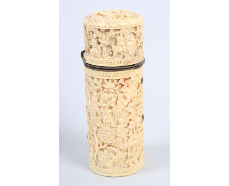 A Chinese carved ivory bodkin case, decorated figures in landscape, 4 3/4" high (damages)Condition: signs of glue to the insi