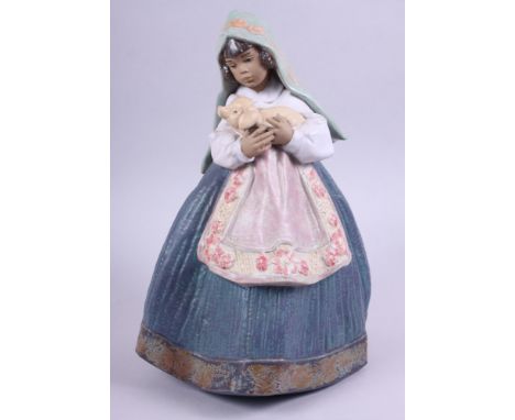 Two Lladro gres figures, a girl holding a piglet, "Country Joy" 2356, 11 3/4" high, and a girl with cats and an umbrella, 221