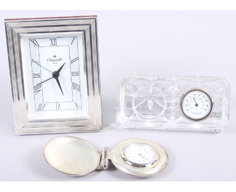 A Christofle quartz clock, 5" high, a Bowmore clock, in case, and a glass cased thermometer