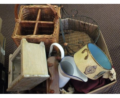 Various baskets, enamel ware etc