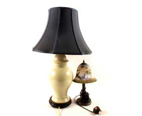 A table lamp with bird painted shade plus one other green glazed