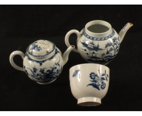 Two 18th Century Worcester blue and white teapots (as found) plus an 18th Century blue and white sucrier